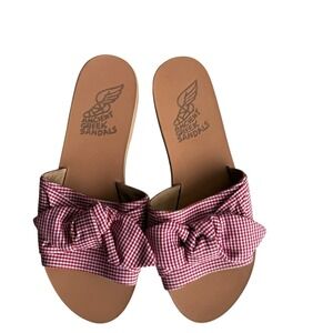 Ancient Greek Sandals EU 40 Red White Gingham Bow Flat Sandals Slides Checkered